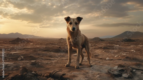 Cute dog in the desert with the mountains at the background. AI Generated 