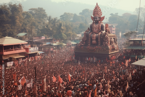 a large statue of an Indian deity in a mass procession of a crowd at a festival