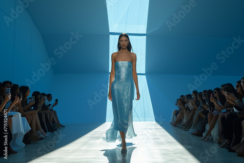 Model in Elegant Gown Strutting Down Runway at Fashion Show