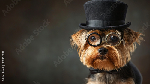 A comical Yorkie wearing a bowler hat and a monocle, giving off an air of sophistication and humor. The juxtaposition of the dog's playful expression with the refined accessories c