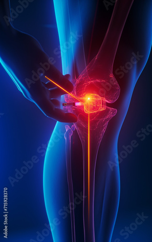  um joelho humano recebendo um tratamento a laser em alta. É envolvente e chama a atenção, o que o torna perfeito para publicidade