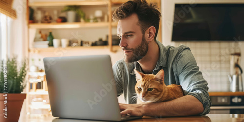 Handsome man working online from home by cat pet accompanied on his laptop