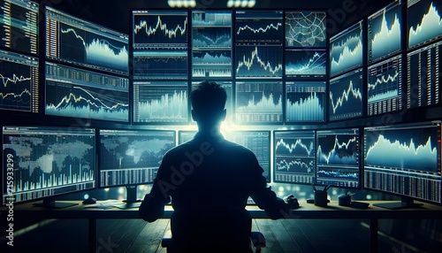 A silhouetted figure studies an array of glowing financial graphs and world maps on multiple screens in a dark, high-tech trading environment.