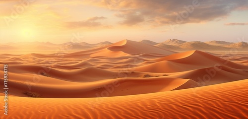 Mesmerizing vast and arid desert landscape with undulating sand dunes at sunset.