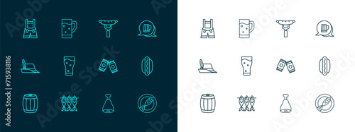 Set line Wooden beer mug, Dried fish, Beer can, Chicken leg, Glass of, Sausage on the fork, Lederhosen and icon. Vector