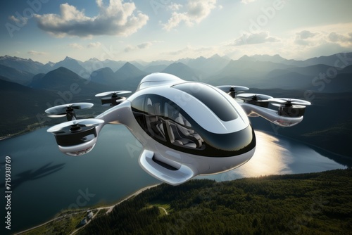 A futuristic white elliptical urban passenger drone flying over a picturesque lake, forest and mountains. 