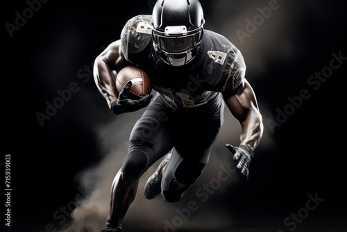 Portrait of American football player running with the ball. Muscular African American athlete in a black and white uniform with an ovoid ball in a dynamic pose. Isolated on black background.