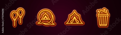Set line Balloons with ribbon, Circus tent, and Popcorn in cardboard box. Glowing neon icon. Vector