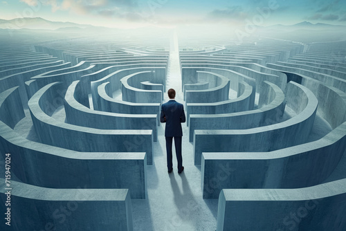 businessman standing at a crossroads in a maze, trying to decide which way to go.