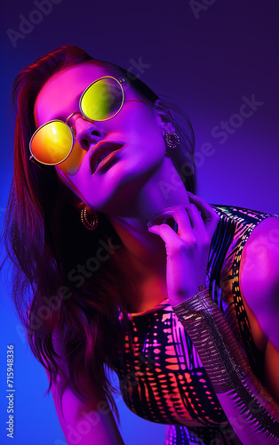 Mulher discoteca de moda. Modelo dançante em luz neon, retrato de menina bonita com maquiagem fluorescente. Design de arte