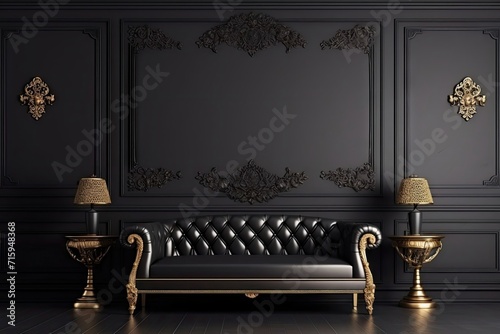 Create a sense of luxury with a black sofa and black wall, gold accents, and columns, setting the stage for elite presentations.