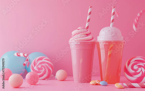 ilustração 3D minimalista de doces e bebidas, banco de imagens, cores pastel