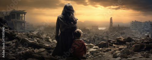 Sad mother with her child in destroyed abandoned city after war collision.