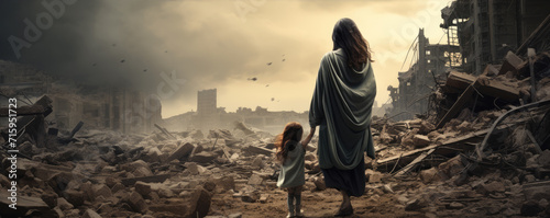 Sad mother with her child in destroyed abandoned city after war collision.