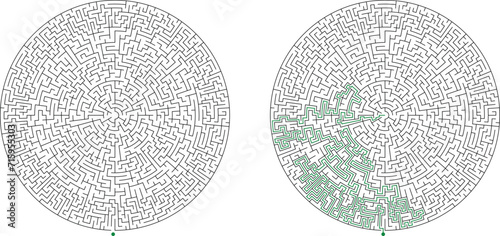 Large round complex labirinth. Vector circular maze. Difficult education puzzle with task to find the way out of the maze. Escape from center riddle. Solution included