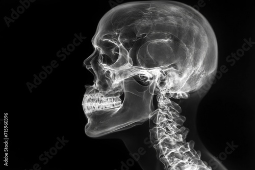 X-ray profile of a skull. Radio de profil d'un crâne aux rayons X.