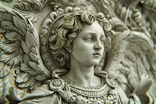 Un ángel barroco en relieve captura la esencia de la gracia divina y el arte clásico.