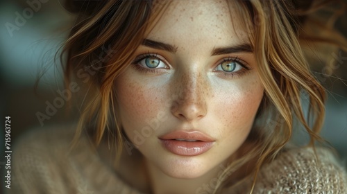 A stunning portrait of a woman with freckles and piercing blue eyes, her long brown hair framing her face as her delicate features, highlighted by perfect eyeliner and full lips, captivate the viewer