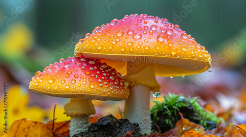 two poisonous multicolored mushrooms close-up in the autumn forest, dew drops. 