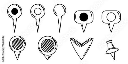 Set of Hand Drawn Doodle Location Pins. Diversify Your Designs with Various Navigation Markers, Pinpoints, Tags and Arrow for a Fun and Engaging Look