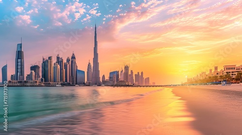 Dubai city - amazing city center skyline and famous Jumeirah beach at sunset, United Arab Emirates 