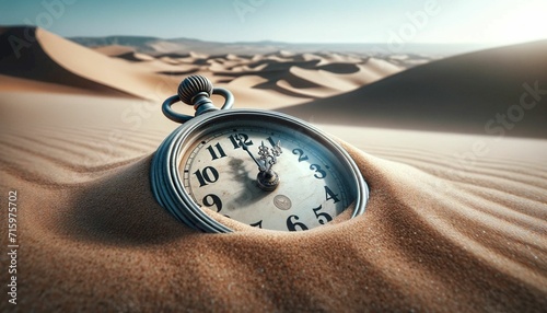 clock buried in the middle of the desert