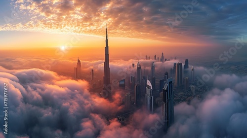 Dubai sunset panoramic view of downtown covered with clouds. Dubai is super modern city of UAE, cosmopolitan megalopolis. Very high resolution image