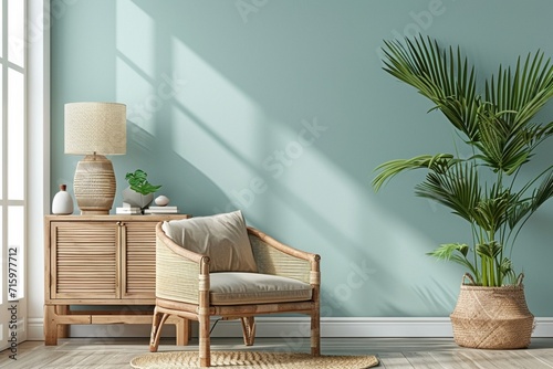 Modern bright living room in costal style, rattan chair and wooden furniture on light blue wall background, 3d render