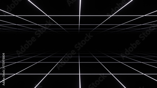 3d abstract black and white background. Retrowave retro 80s 90s futuristic grey laser neon grid surface. Wireframe tunnel net in dark space isolated black Disco music template