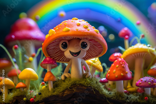 illustration of a smiling fly agaric mushroom in a magical forest. Created with Generative AI