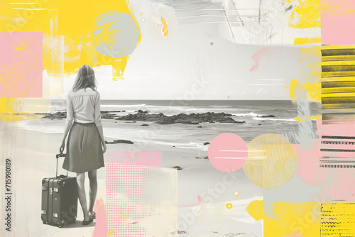 Contemporary halftone paper art collage of girl with suitcase on ocean beach. Summer travel concept. Generative AI