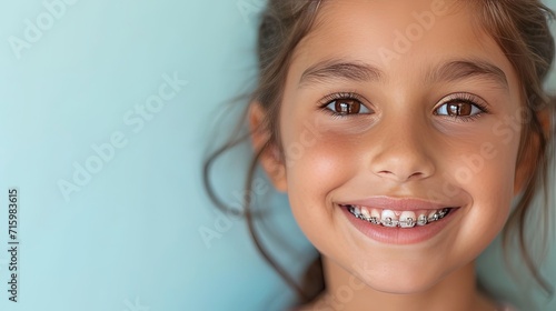 Indian beautiful little girl in braces smiles happily. Taking care of dental health, oral hygiene. Advertising for pediatric dentistry. Blue background