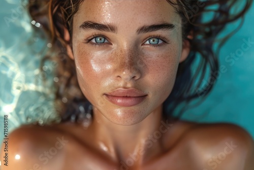 A portrait of a captivating woman with freckles and damp hair, her expressive face adorned with long lashes and arched brows, evoking a sense of vulnerability and raw beauty as she gazes into the ind