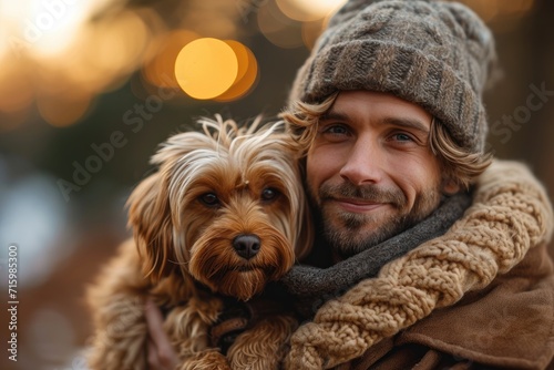 A rugged man and his loyal brown dog stand together in the winter cold, their matching fur coats and bond as strong as the crisp outdoor air