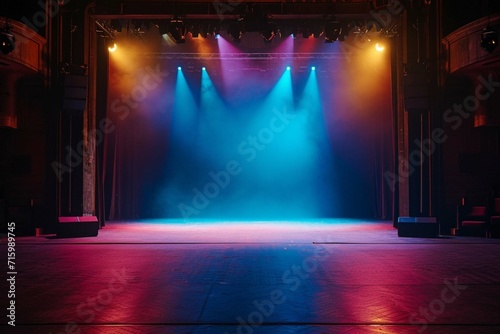 Theater stage light background with spotlight illuminated the stage for opera performance. Stage lighting. Empty stage with bright colors backdrop decoration. Entertainment show