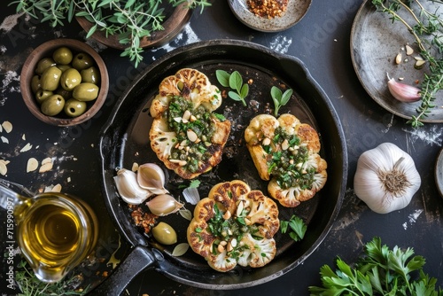 Rustic cauliflower steaks with green herb sauce and almonds in a well-seasoned pan. Served with olives, capers, and fresh herbs a Mediterranean feast