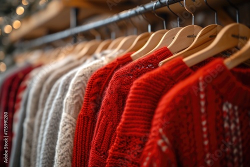 Winter fashion on display: A vivid red sweater shines amid a range of textured, earth-toned knits, ready for the colder months.