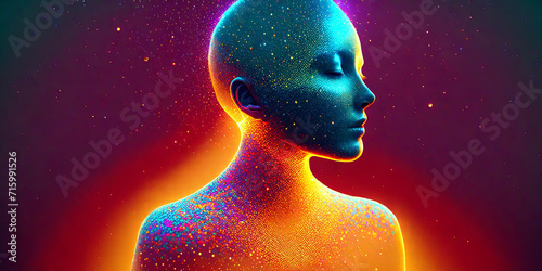 3D hologram of a person. particles of light. 3D illustration. physical condition. Head. happy. fun. sad. anger. Emotional. spiritual. Abstract. Stiff shoulder. body. yoga. 