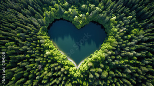 top view of heart shape lake surrounded by trees and nature in the middle of the forest. Concept of valentine's day, earth day, environment and ecology, love
