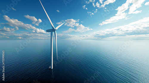 impressive wind turbine in the middle of the ocean, viewed from above The turbine spins gracefully, generating green energy, set against a backdrop of a wide