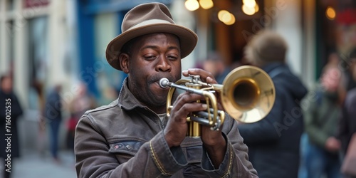 African American trumpeter plays on the street Generative AI