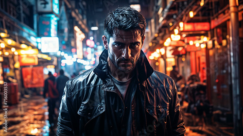 Tough guy in jacket walking down a busy street at night