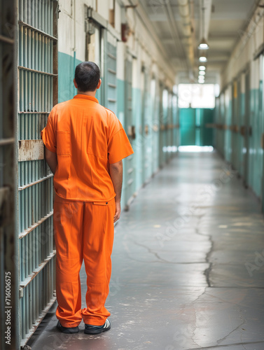 Prisoner in Orange Jumpsuit Stands in Hallway at Prison Facility