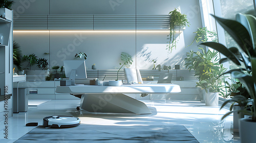 Um escritório doméstico moderno é banhado por uma suave luz natural iluminando as linhas elegantes dos móveis futuristas e da tecnologia de ponta