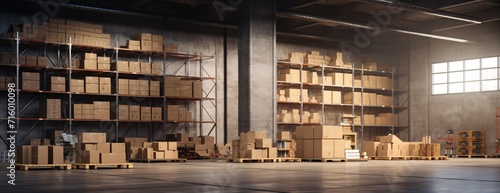 Warehouse with a large number of cardboard boxes Generative AI