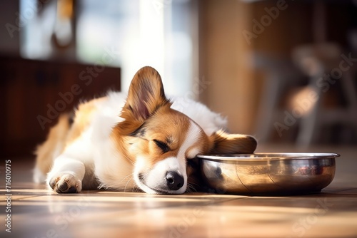 Sad corgi pet lying on floor at home. Sick dog has no appetite. Dry food is spread on the floor. Favorite pet feel bad, lonely. Veterinary concept of care, food, mood of domestic animals.