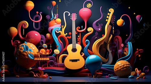 A colorful guitar display with various musical instruments and colorful balls Generative AI