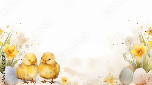 Postcard with adorable cute Easter chicks with daffodils and painted eggs, drawn in watercolor.
