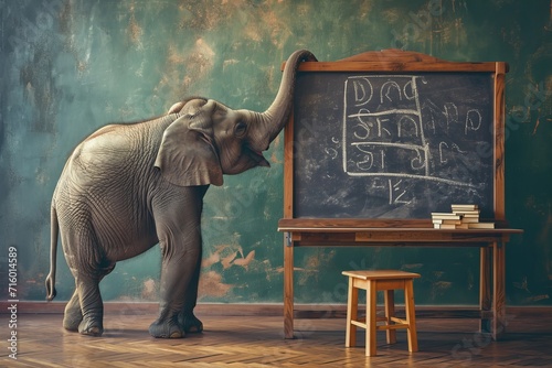 A majestic indian elephant stands next to a chalkboard, ready to paint its thoughts and emotions onto the indoor ground