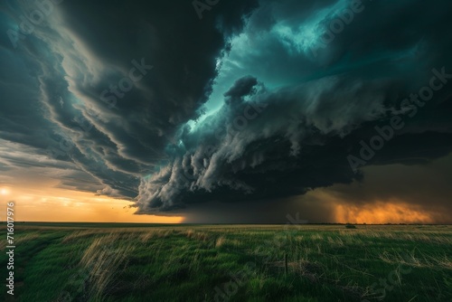A menacing cumulus cloud looms over a serene field, unleashing its fury with lightning and thunder, as nature's power and beauty collide in this tumultuous outdoor landscape